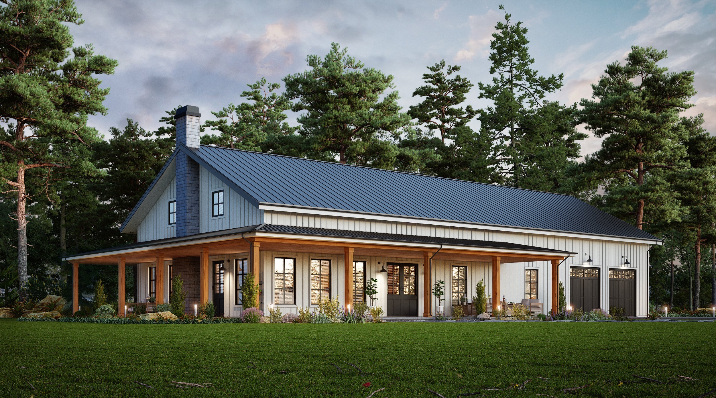 Country-style house with a blue roof and wooden exterior, surrounded by trees.